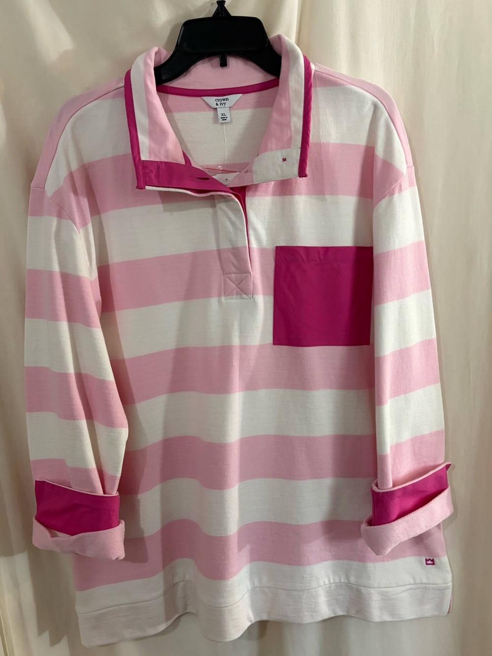 crown & ivy Pink and White Striped Rugby with Fuchsia Pocket